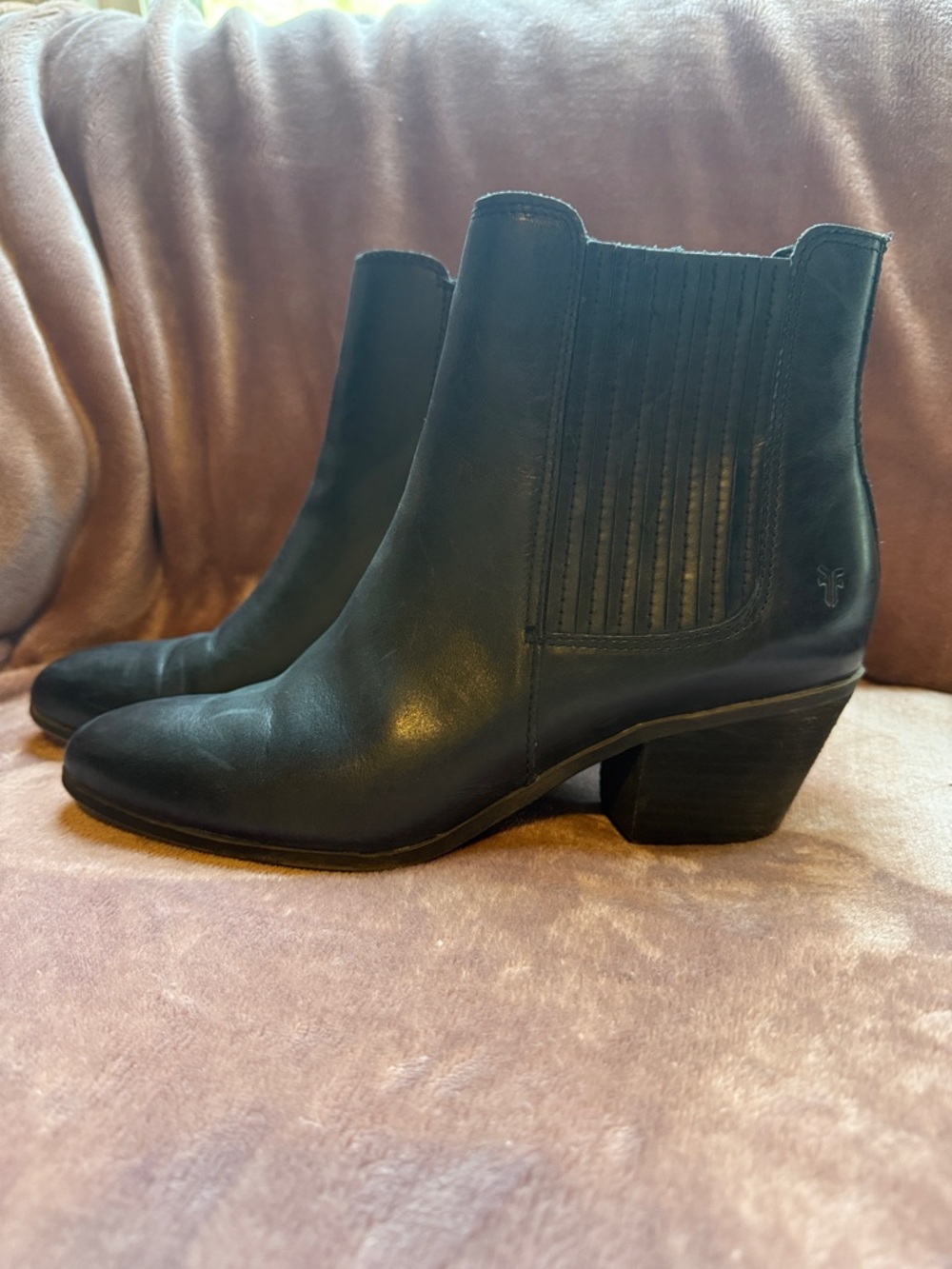 Frye Black Leather Chelsea Ankle Boots with Low Block Heel